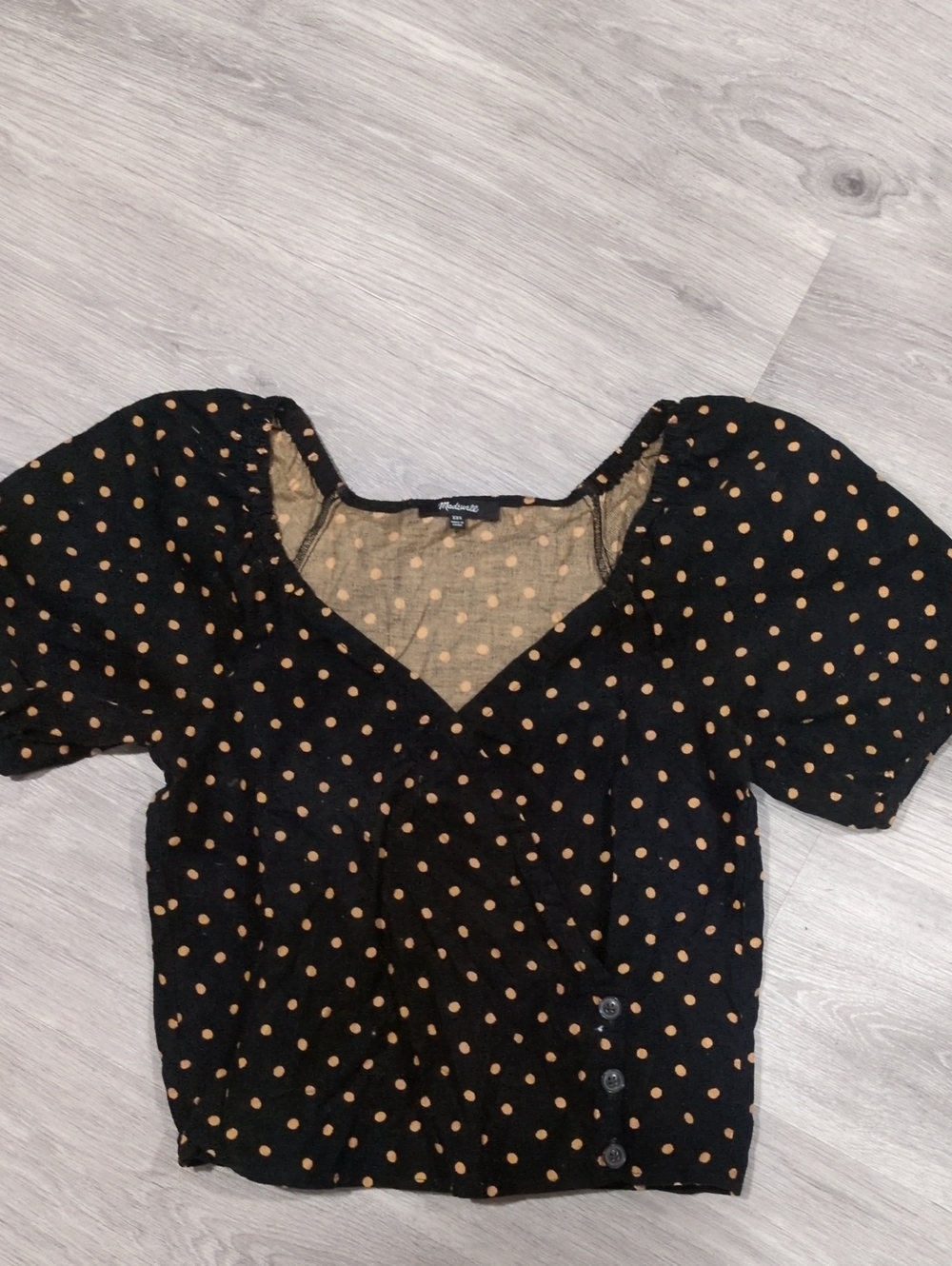 Madewell Black Puff Sleeve Wrap Top with Tan Polka Dots XXS